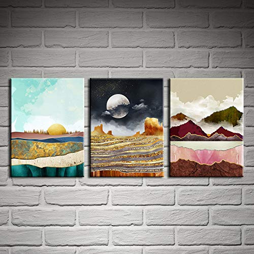 Biuteawal - 3 Panel Abstract Wall Art Mountain River Picture Canvas Print Sunset Painting Moon Night Contemporary Artwork Framed for Home Office Living Room Bedroom Wall Decoration Ready to Hang