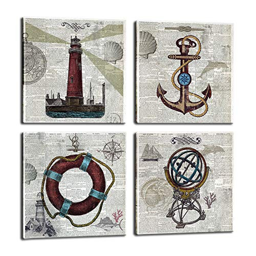 Biuteawal - 4 Piece Nautical Canvas Wall Art Lighthouse Anchor Globe Buoy Painting Picture Prints Ocean Sea Life Wall Decor Vintage Artwork for Home Living Room Bedroom Decoration Ready to Hang