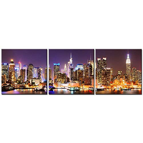 Biuteawal - New York City Canvas Wall Art Manhattan Skyline Panorama at Night Picture Giclee Art Print 3 Piece Cityscape Wall Artwork Modern Home Office Living Room Bedroom Decoration Biuteawal - New York City Canvas Wall Art Manhattan Skyline Panorama at Night Picture Giclee Art Print 3 Piece Cityscape Wall Artwork Modern Home Office Living Room Bedroom Decoration