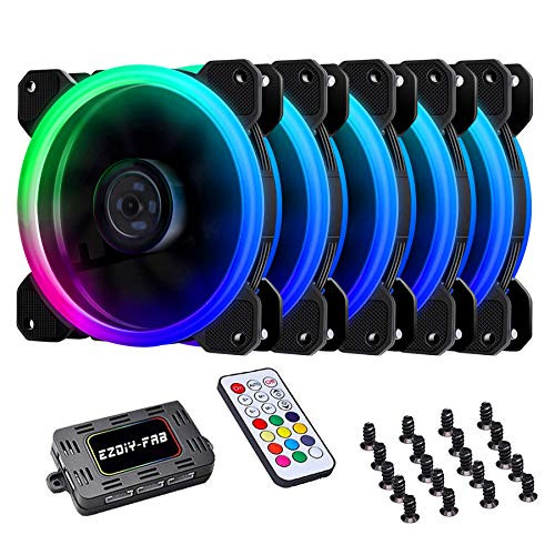 EZDIY-FAB 5-Pack Wireless RGB LED 120mm Case Fan,Quiet Edition High Airflow Adjustable Color LED Case Fan for PC Cases,CPU Coolers