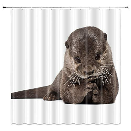 AMNYSF Smooth-Coated Otter Decor White Shower Curtain Wildlife Cute Animal,70x70 Inch Waterproof Polyester Fabric Bathroom Accessories Curtains 12pcs Hooks