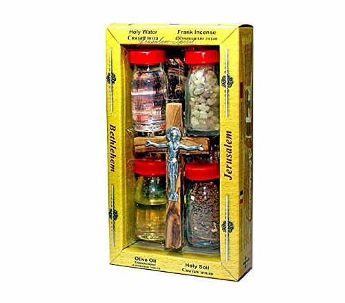 New Set Holy Land Set 5 In1 Olive Wood Cross Set with 4 Bottles - Oil, Jordan Water,Holy Land Essences & Holy Earth by Bethlehem Gifts TM New Set Holy Land Set 5 In1 Olive Wood Cross Set with 4 Bottles - Oil, Jordan Water,Holy Land Essences & Holy Earth by Bethlehem Gifts TM