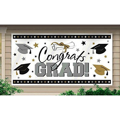 Amscan Large Grad Horizontal Black, Silver and Gold Graduation Party Banner Decoration, Plastic, 65" x 33 (Two-Pack)