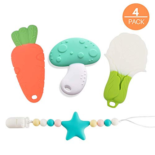 Nearbyme Baby Teething Toys, BPA-Free Soft Silicone Vegetable Teether Set with Pacifier Clip for Infants, Toddlers, 4 Pack