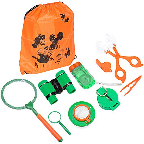 Ankuka 10pcs Kids Adventure Set, Educational Outdoor Exploration Childrens Toys, Binoculars, Flashlight, Compass, Whistle, Magnifying Glass, Backpack, Great Kids Gift for Camping and Hiking