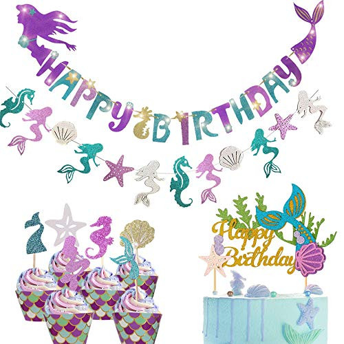 Mermaid Party Decoration - Adorable Mermaid Shape Birthday Banner+Mermaid Seashell Banner ,1 Pcs Mermaid Glitter Happy Birthday Cake Topper and 24 Pcs (6 Style) Mermaid Cupcake Toppers for Baby Shower,Mermaid Theme Party ,Birthday Party ,Under The Sea Party. Mermaid Party Decoration - Adorable Mermaid Shape Birthday Banner+Mermaid Seashell Banner ,1 Pcs Mermaid Glitter Happy Birthday Cake Topper and 24 Pcs (6 Style) Mermaid Cupcake Toppers for Baby Shower,Mermaid Theme Party ,Birthday Party ,Under The Sea Party.