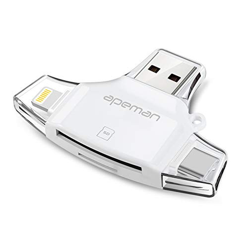 APEMAN 4 in 1 SD/Micro SD Card Reader for iPhone/iPod/iPad/Type-C/Android, Memory Card Adapter with Lightning, Micro USB, USB C, USB 4 Interfaces, Picture and Video Viewer for Trail Camera