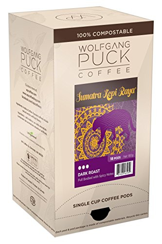 Wolfgang Puck Coffee, Sumatra Kopi Raya, Dark Roast, 9.5 Gram Pods, 18-Count (Pack of 3)