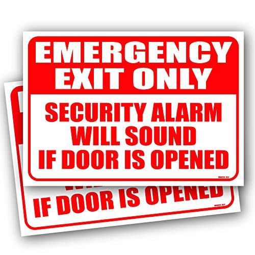 (2 Pack) Emergency Exit Only Alarm Will Sound Sign 10"x7" 4MIL UV Laminated Emergency Exit Only Door Sign Self Adhesive Sticker Decal