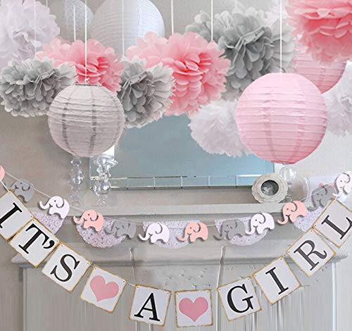 luckylibra Girl Baby Shower Decorations, It is a Girl Banners Elephant Garland & Paper Lantern Paper Flower Pom Poms ?Pink White Grey? luckylibra Girl Baby Shower Decorations, It is a Girl Banners Elephant Garland & Paper Lantern Paper Flower Pom Poms ?Pink White Grey?