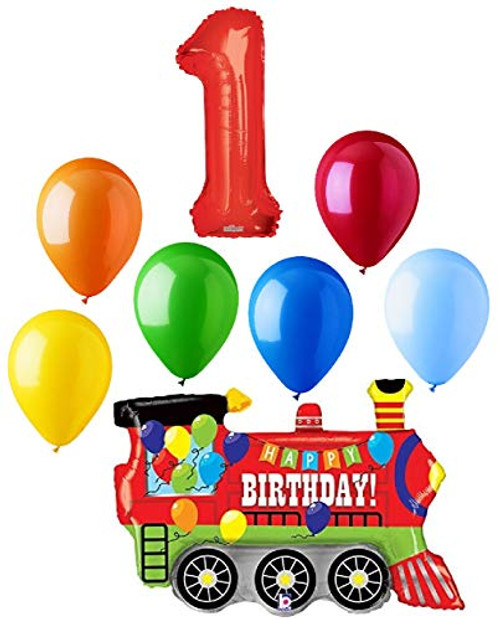 #1 Train Choo Choo 8 Piece Happy 1st Birthday Mylar and Latex Balloons Set