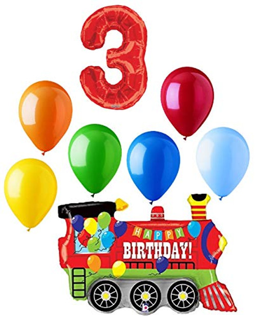 #3 Train Choo Choo 8 Piece Happy 3rd Birthday Mylar and Latex Balloons Set