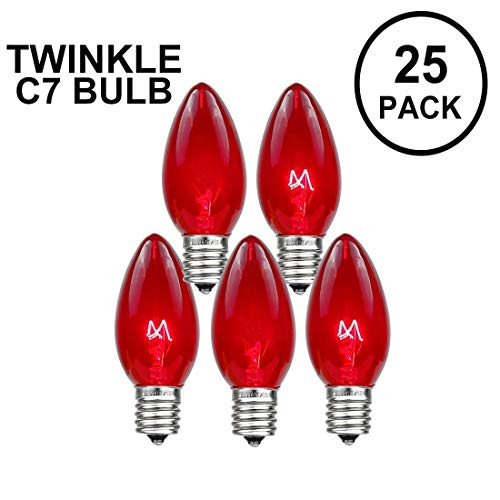 Novelty Lights 25 Pack C7 Twinkle Outdoor Christmas Replacement Bulbs, Red, C7/E12 Candelabra Base, 7 Watt