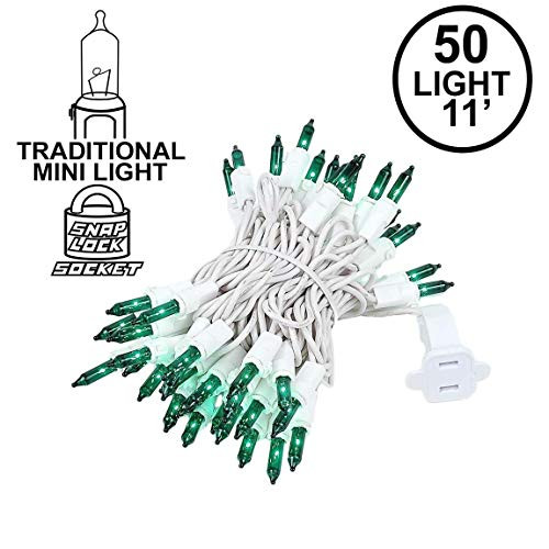 Novelty Lights 50 Light Green Christmas Mini String Light Set, White Wire, Indoor/Outdoor UL Listed, 11' Long
