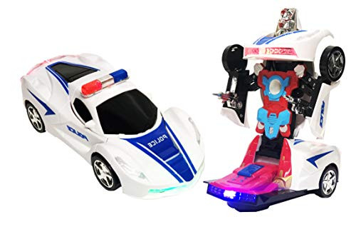 New Robot Police Car Toy with Bump and Go Action 2 in 1 Transforming with Lights and Sounds for Kids