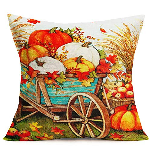 Autumn Fall Leaves Throw Pillow Covers Cotton Linen Pumpkin Fall Harvest Festival Thanksgiving Decoratives Pillow Case Outdoor Home Decor Cushion Cover For Sofa Couch 18 x 18 Inches (Fall-8)