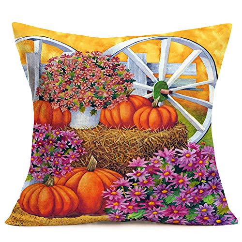 Asminifor Throw Pillow Covers Autumn Fall Pumpkin Fruit Harvest Decorative Pillow Covers 18 x 18 Inch for Home Sofa Couch Decorations Cotton Linen Daisy Potted Flower Pillowcase (Fall-10)