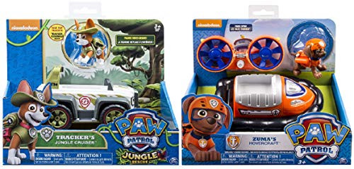 Paw Patrol, Jungle Rescue, Trackers Jungle Cruiser, Zuma's Hovercraft, Vehicle and Figure. Includes Blizy Pen