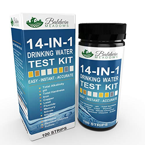 14-in-1 Drinking Water Test Kit by Baldwin Meadows - Water Quality Test for Well Water and Tap Water - IMPROVED SENSITIVITY detects low level ranges for Lead, Fluoride, Iron, Copper & Mercury + MORE!