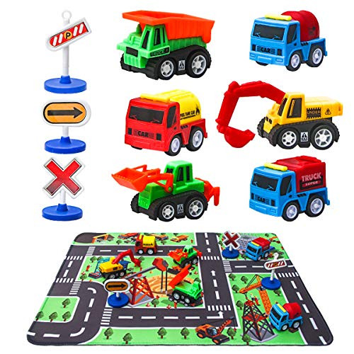 Construction Vehicle Toys with Play Mat, 6 Construction Trucks, 3 Road Signs, 14" x 18" Construction Site Playmat, Engineering Vehicle Sets, Mini Pull Back Car Toys