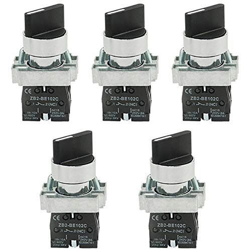TOVOT 5PCS Rotary Selector Switch 2 Positions Select Knob 1NO+1NC Self-Lock Latching AC 600V 10A 22mm Panel Mount XB2-BD25