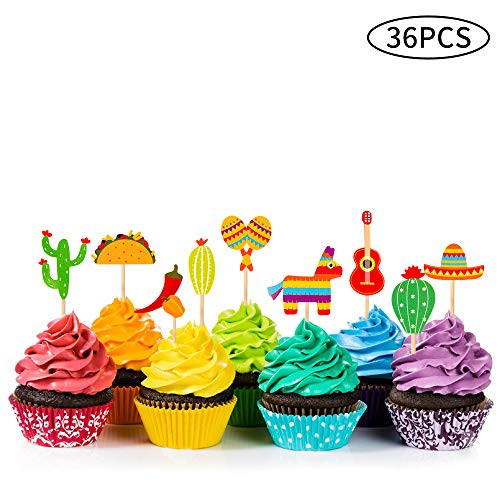 36 Pcs Fiesta Cupcake Topper Mexican Theme Cake Decoration for Mexican Themed Cactus Donkey Taco Pepper Sombrero Mustache Party Decorations