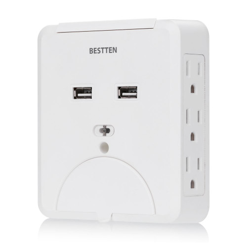 Bestten 6 Side Outlet Multipliers Wall Mount Adapter Surge Protector with 2.1A Dual USB Charging Ports and Cell Phone Holders, ETL Certified