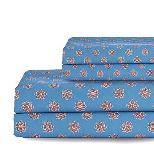 Bedlifes Floral Sheet Set Twin Size Deep Pocket Bed Sheets Flat Sheets& Fitted Sheet& Pillowcase 100% Microfiber 3PCS Dark Blue Twin