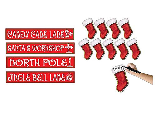 Beistle Set of 4 4 in x 24 in North Pole Street Sign Cutouts and Set of 10 7-1/4-Inch Mini Christmas Stocking Cutouts
