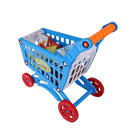 Kids Plastic Shopping Cart, Toddlers Pretend Play Supermarket Kids Market Stall Shop Shopping Cart with Fruit and Vegetables Groceries Playing House Learning Toys(Blue with Food)