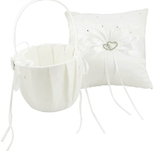 2 Heart Rhinestones Ivory Satin Large Wedding Ring Bearer Pillow and Basket Set (Ivory)