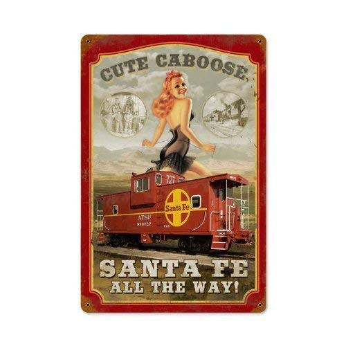 BESTWD Sante Fe Caboose Vintage Metal Sign Railroad Pin Up Girl Steel TIN Sign 8X12 INCH