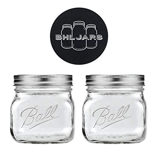 Ball 16 oz Collection Elite Wide Mouth Glass Mason Jars Bundle with Non Slip Jar Opener- Set of 2 Pint Size Mason Jars - Canning Glass Jars with Lids and Bands