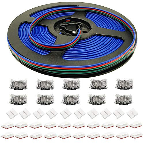 4 Pin RGB LED Strip Connectors 10mm Set, AWSOM RGB LED Strip Extension Wire, Solderless LED Connectors for 5050 RGB LED Strip Lights