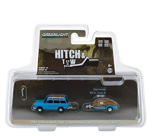 New DIECAST Toys CAR Greenlight 1:64 Hitch & Tow Series 14 - Volkswagen Type 3 SQUAREBACK with Tear Drop Trailer Blue 32140-A