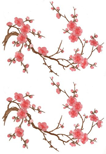 Two Asian Cherry Blossom Sakura Flower Iron on Embroidered Appliques Patch Japanese Chinese (Pink)