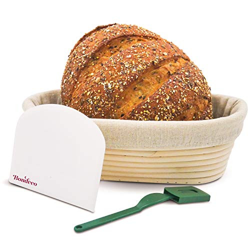 Banneton Bread Proofing Basket with Cloth Liner -Oval 10 Inch - Dough Scraper + Bread Lame | Professional and Home Bakers | Artisan Bread Making