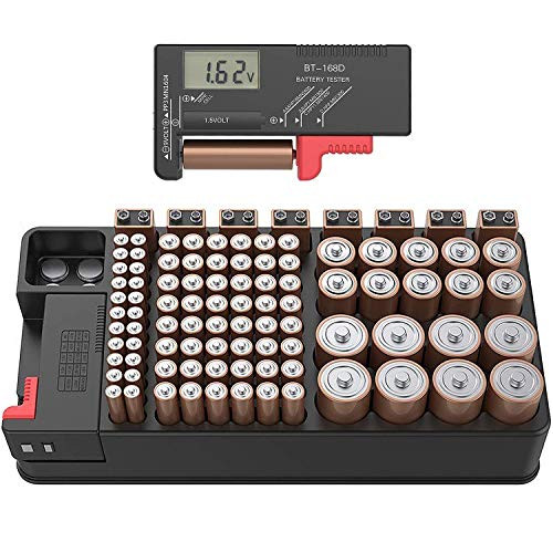 Battery Organizer Storage Battery Tester Container Holds 110 Batteries Various Sizes for AAA, AA, 9V, C, D and Button Battery