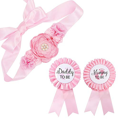 Baby Pink Maternity Sash & Mommy Daddy Corsage Set - Baby Shower Sash Baby Girl Pregnancy Sash Keepsake Baby Shower Flower Belly Belt