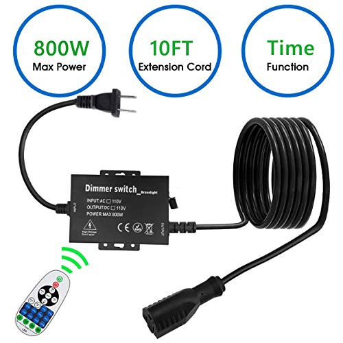 Outdoor Dimmer Switch Outdoor Plug-in Dimmer Switch for String Lights, Max 800W Bulbs Dimmer Switch with 10 Ft Extension Cord 3 Prong 100 Ft Wireless Remote Control, Timer Function