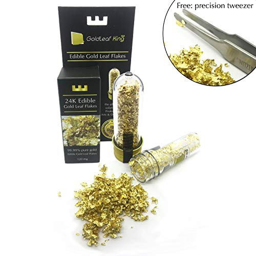 99.99% Purity Edible Gold Leaf Flakes - 120mg Bottle (Texture Level 2: Medium Particle) - Goldleafking - Multi Purpose Wine Beverage Liquor Bartender, Cake Chocolate Chef Art + Free Precision Tweezer