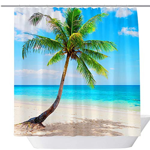 Summer Blue Sea Decor Shower Curtains Beach Palm Trees, Waterproof Fabric Bathroom Curtain Decor Bath Accessories Hooks Included, 71X 71 in