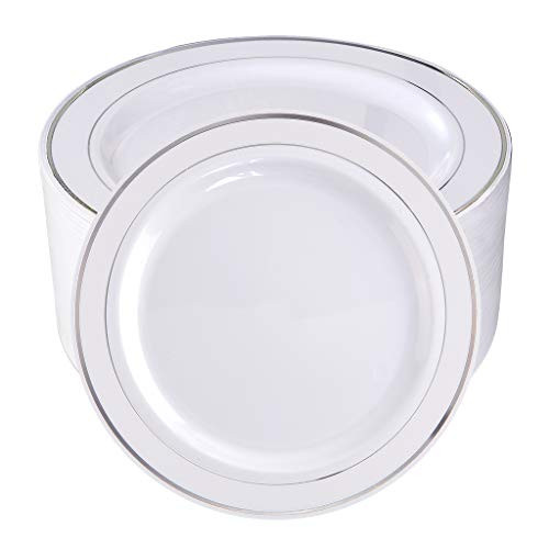 BUCLA 100Pieces Silver Rim Plastic Plates-7.5inch Silver Disposable Salad/Dessert Plates-Ideal for Weddings& Parties BUCLA 100Pieces Silver Rim Plastic Plates-7.5inch Silver Disposable Salad/Dessert Plates-Ideal for Weddings& Parties