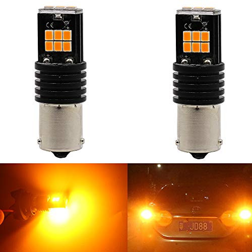 2-Pack 1056 BAU15S 7507 12496 1156PY PY21W Extremely Bright Amber / Yellow Non-Polarity 2835 15SMD LED Turn Signal Light Blink Bulb 9V-18V