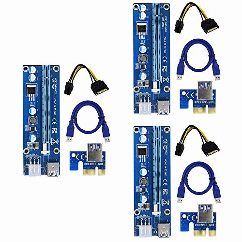 Raycity 3-Pack PCI-E PCI Express VER 006C 1x to 16x Powered Riser Adapter Card w/ 60cm USB 3.0 Extension Cable & 6-Pin PCI-E to SATA Power Cable GPU Riser Adapter - Ethereum Mining ETH