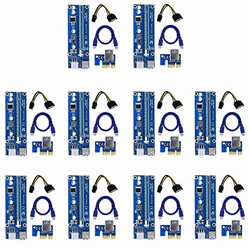 Raycity 10-Pack PCI-E PCI Express VER 006C 1x to 16x Powered Riser Adapter Card w/ 60cm USB 3.0 Extension Cable & 6-Pin PCI-E to SATA Power Cable GPU Riser Adapter - Ethereum Mining ETH