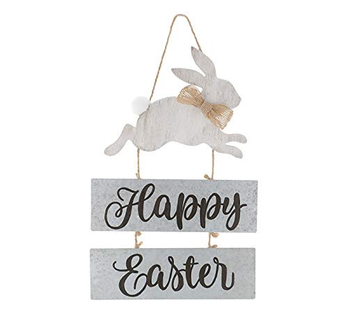 Burton and Burton Happy Easter Bunny Rabbit Hanging Sign - Hand Painted Tin and Wood - 12x8 Inches