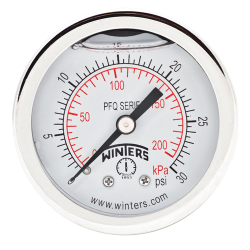 Winters PFQ Series Stainless Steel 304 Dual Scale Liquid Filled Pressure Gauge with Brass Internals, 0-30 psi/kpa, 2' Dial Display, +/-2.5% Accuracy, 1/8' NPT Back Mount