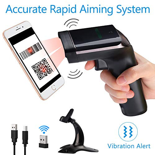 Tera Wireless Barcode Scanner [Premium Version] 1D 2D QR Code Scanner Handheld Laser Bar Code Reader Vibration Alert Support Multi-Language with Stand for Digital Printed Barcodes