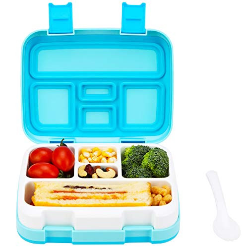 Bento Lunch Box for Kids, G.a HOMEFAVOR Childrens Bento Box, Kids Bento Box Leak-Proof Food Container - 5 Compartments with a Spoon for School, on-the-go Meal and Snack Packing (Blue)